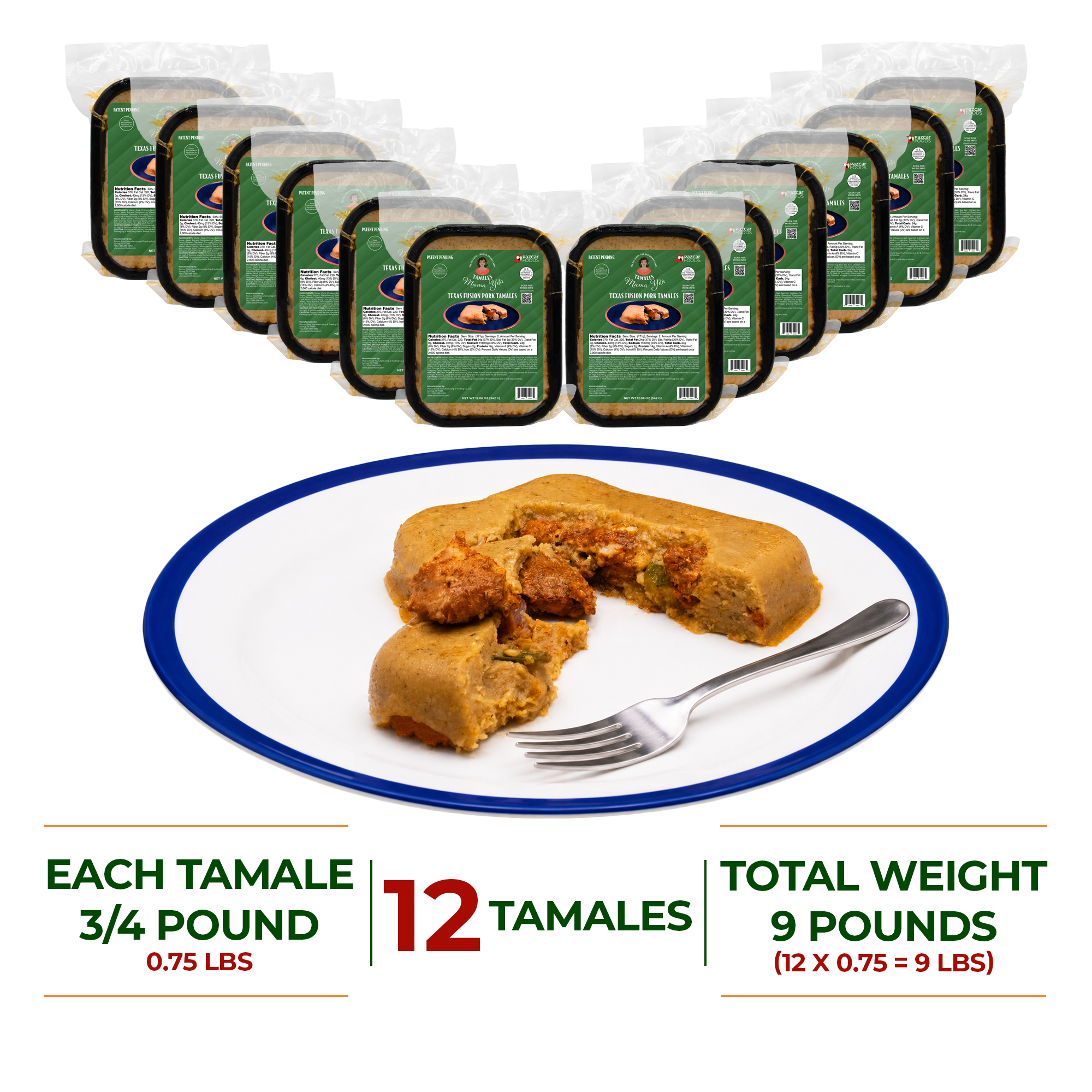 Tamales Mama Yita Texas Fusion Pork Tamales 12 ready to eat tamales bundle with 12 packaged tamales and open pork tamale in white rectangular plate each tamale 3/4 pound or 0.75 lbs for a total weight of 9 pounds per bundle