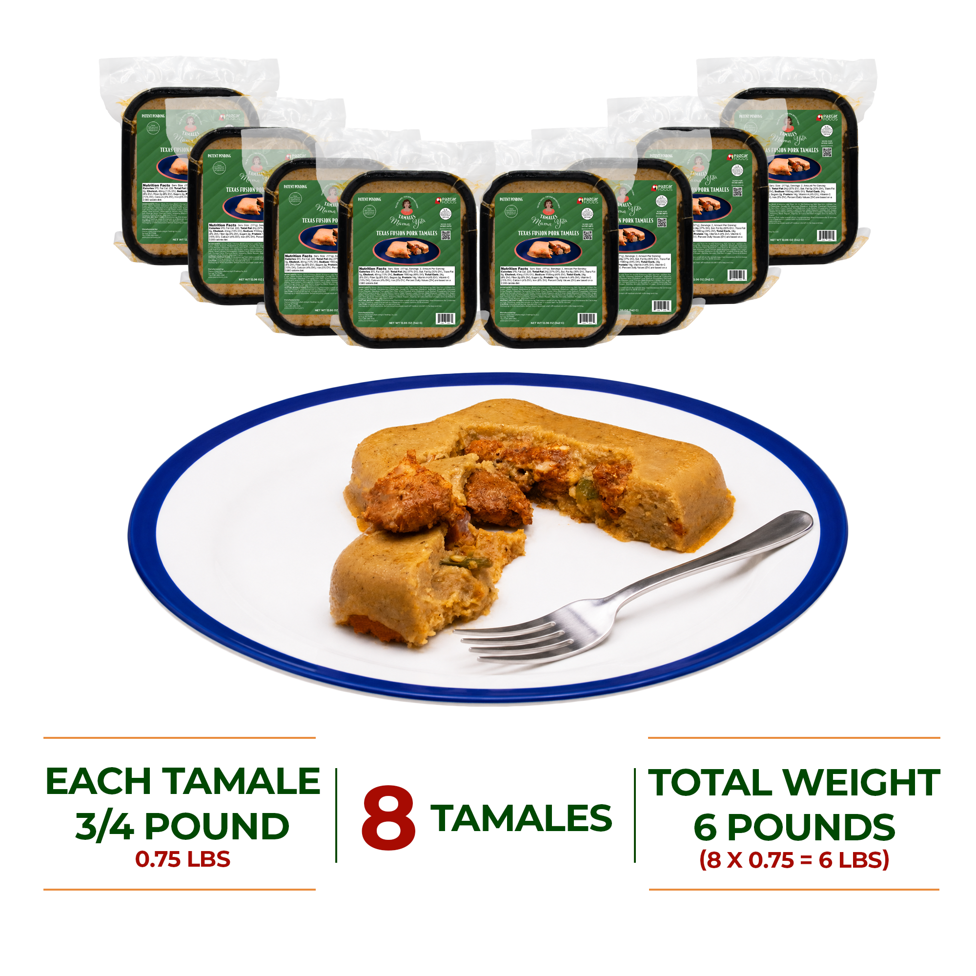 8 bundle texas fusion pork tamales mama yita ready to eat tamales in their packaging with a pork tamale cut open on a white rectangular plate + weights and quantities