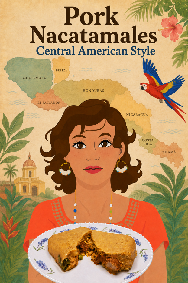 Illustration Mama Yita with tamale Pork nacatamales central american honduran style with central america map behind and guacamaya or scarlet macaw
