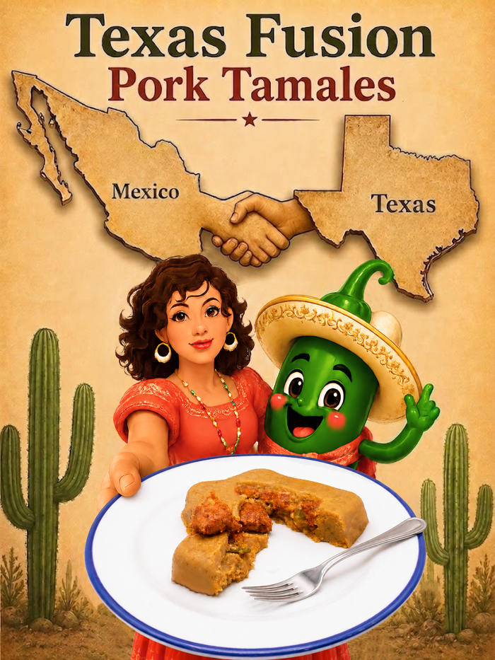 Illustration of Mama Yita with cartoony green jalapeño pepper smiling and holding plate of texas fusion pork tamales mexico and texas maps behind holding hands to symoblize fusion