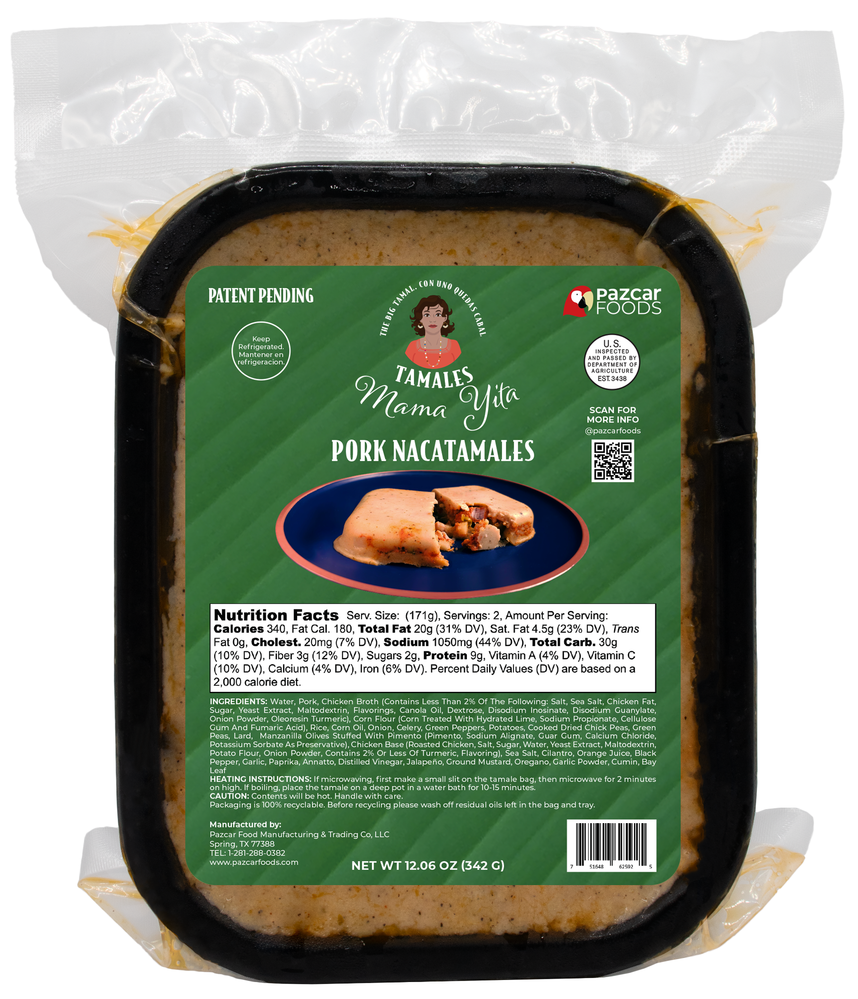 Tamales Mama Yita Pork Nacatamales in its packaging tray in a vacuum sealed bag fresh for 90 days in refrigeration with a label with nutrition facts
