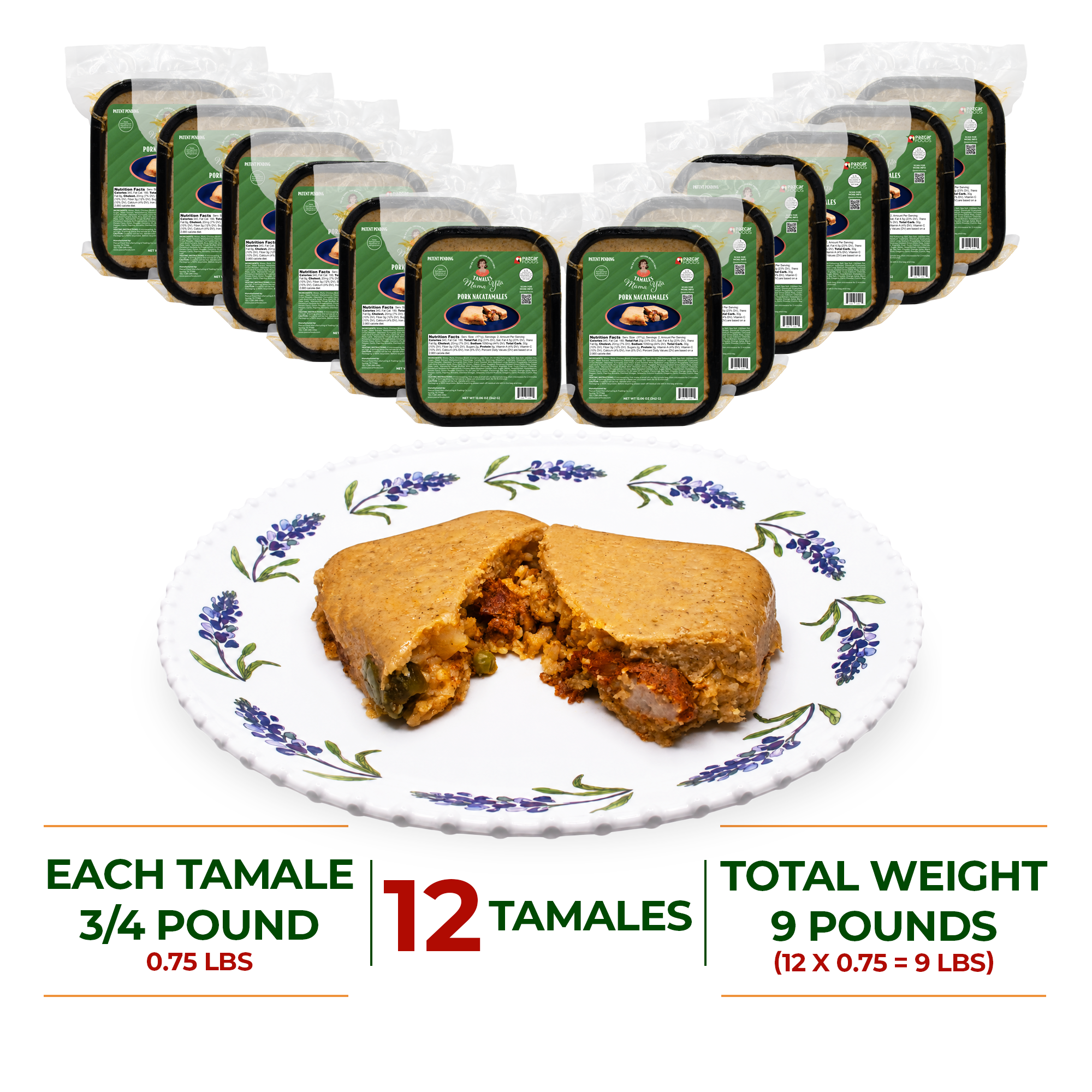Tamales Mama Yita Pork Nacatamales 12 ready to eat tamales bundle with 12 packaged tamales and open pork nacatamale in white rectangular plate each tamale 3/4 pound or 0.75 lbs for a total weight of 9 pounds per bundle