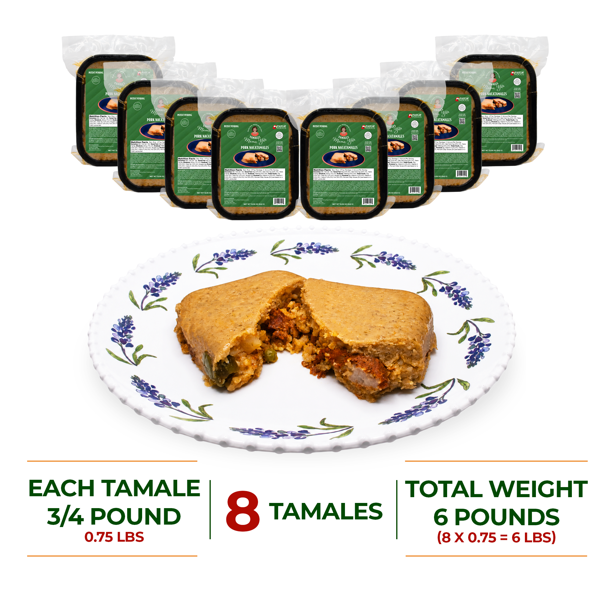 Tamales Mama Yita Pork Nacatamales 8 ready to eat tamales bundle with 8 packaged tamales and open pork nacatamale in white rectangular plate each tamale 3/4 pound or 0.75 lbs for a total weight of 6 pounds per bundle