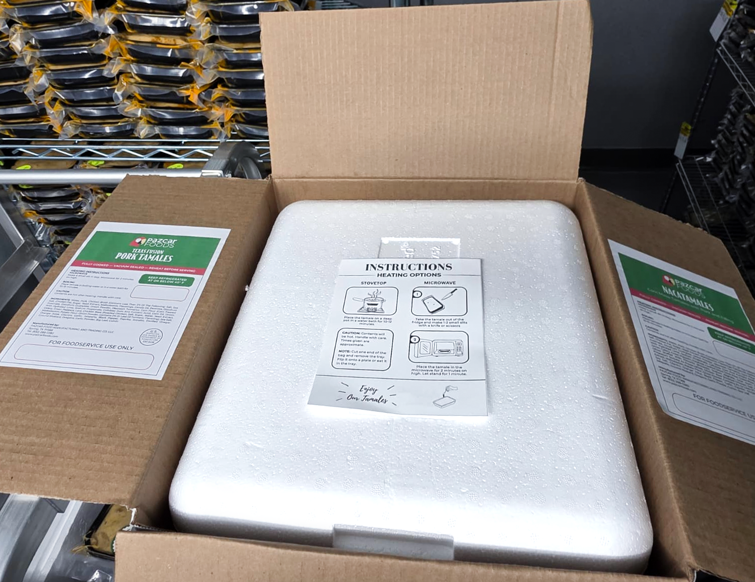 Tamales Mama Yita Cooler for bundle tamales shipped with heating instructions and foodservice labels for texas fusion pork tamales and pork nacatamales