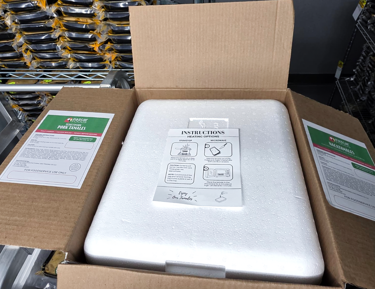 Tamales Mama Yita Cooler for bundle tamales shipped with heating instructions and foodservice labels for texas fusion pork tamales and pork nacatamales