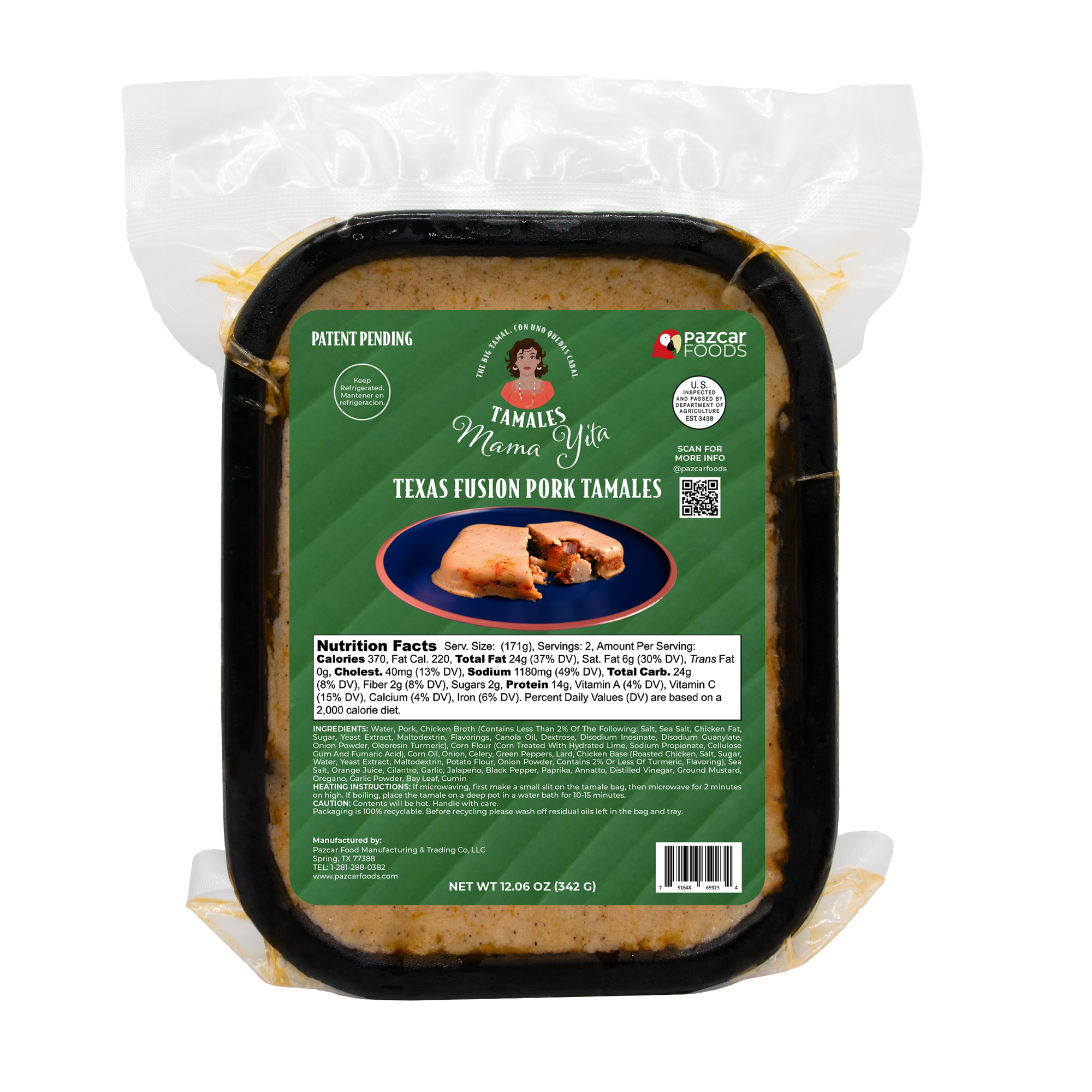Tamales Mama Yita Texas Fusion Pork Tamales in its packaging tray in a vacuum sealed bag fresh for 90 days in refrigeration with a label with nutrition facts
