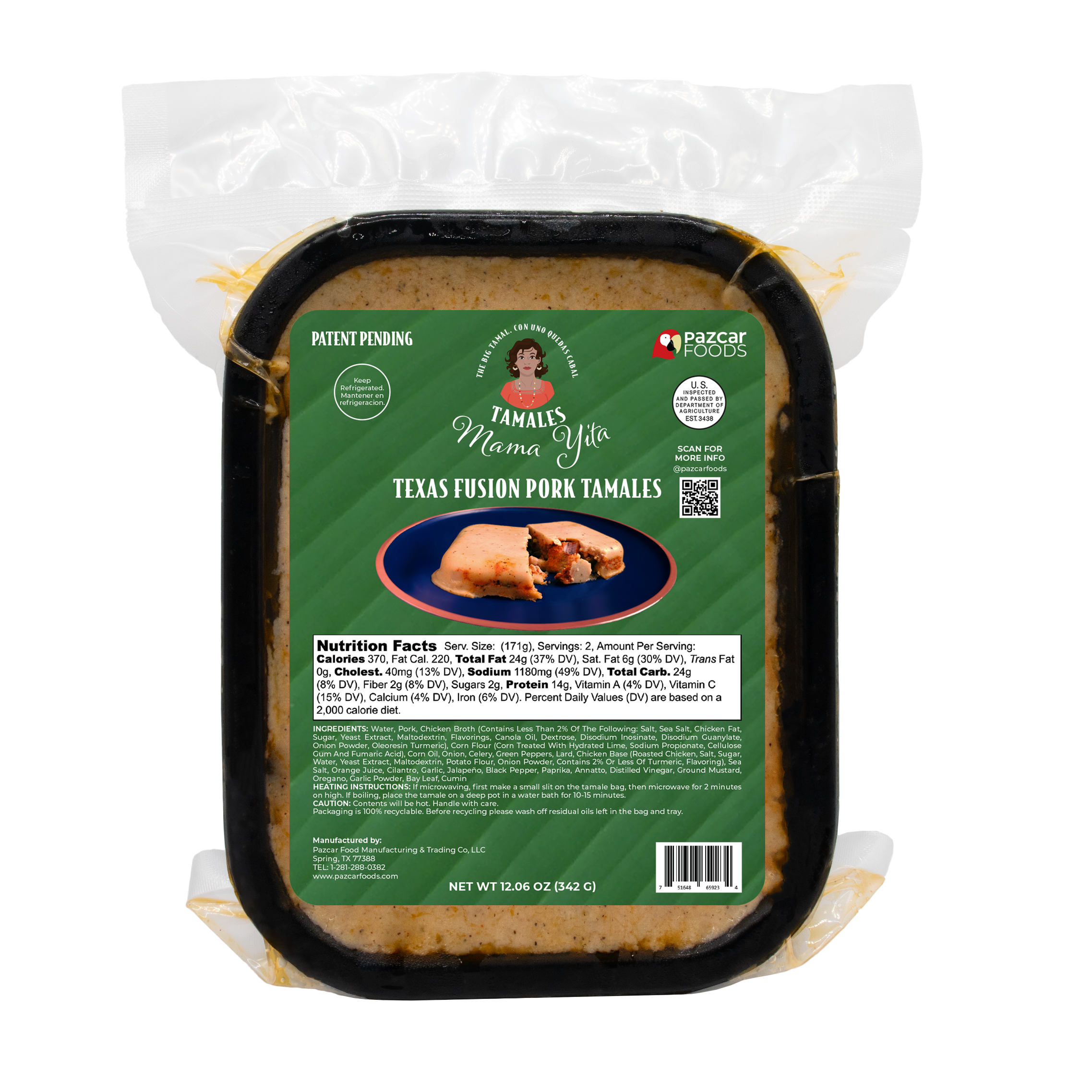 Tamales Mama Yita Texas Fusion Pork Tamales in its packaging tray in a vacuum sealed bag fresh for 90 days in refrigeration with a label with nutrition facts